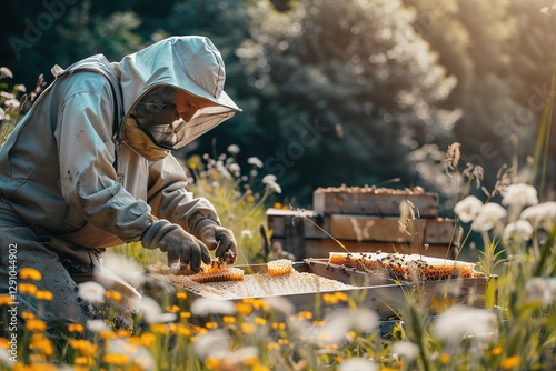 rustic scene of a beekeeper in a protective suit collecting bee honey from a wooden frame in an apiary surrounded by wildflowers