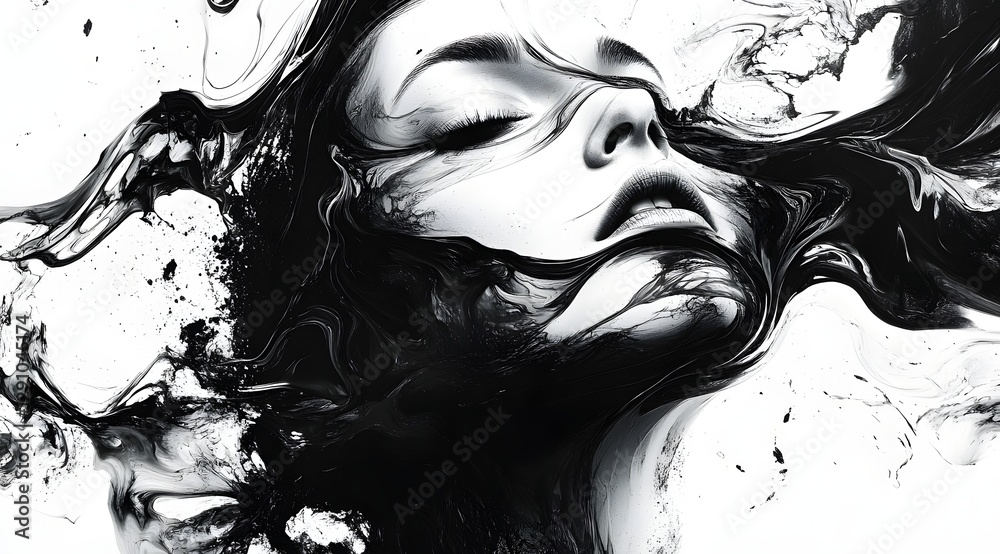 Fototapeta premium Woman's face with a black and white background. The woman's face is shown in a splash of color, which adds a sense of depth and dimension to the photo