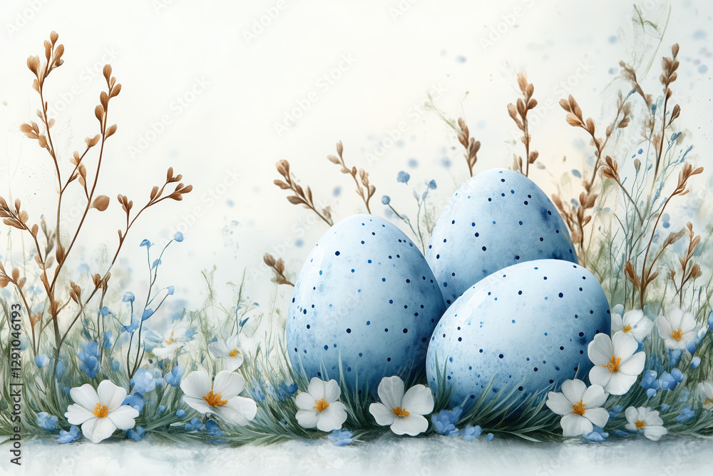 Happy easter template with blue, white rustic floral eggs, dotted background. Vector illustration. Design layout for invitation, card, menu, flyer, banner, poster, voucher.