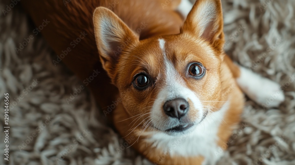 A brown and white dog lying down on a carpet A brown and white dog lying down on a carpet
