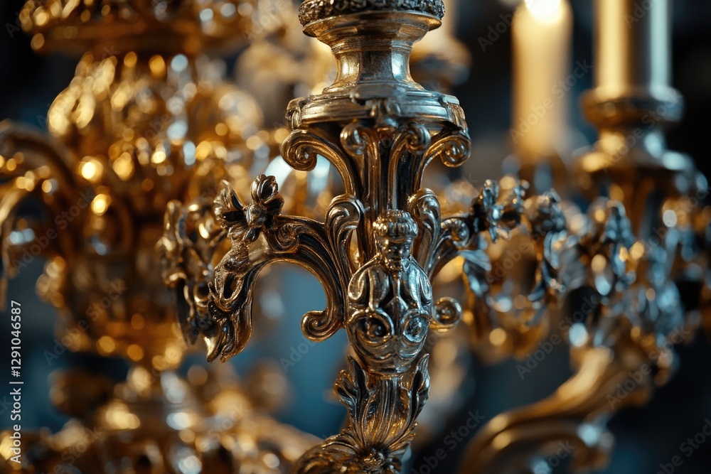 Fototapeta premium A detailed view of a ornate chandelier lit by candles