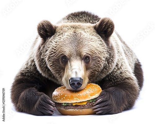 A brown bear is holding a hamburger to eat photo