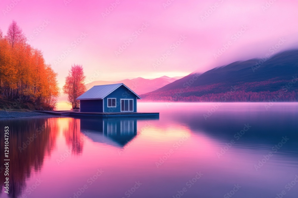 Obraz premium Colorful floating house on a tranquil lake surrounded by scenic mountains and vibrant trees at sunrise