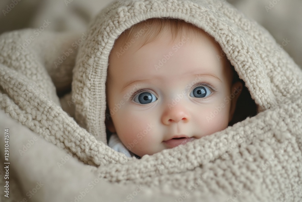 The adorable baby with big blue eyes peeks out from blankets The adorable baby with big blue eyes peeks out from blankets