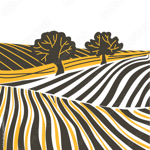 Green grass field on small hills. Meadow, alkali, lye, grassland, pommel, lea, pasturage, farm. Rural scenery landscape panorama of countryside pastures. Vector sketch line illustration