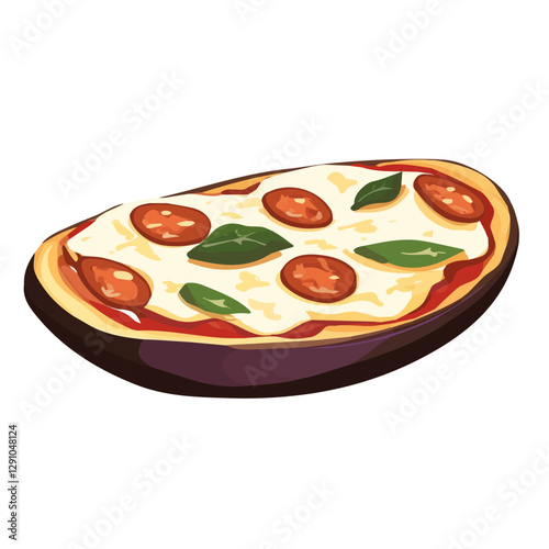 Minimalist flat illustration of Eggplant Parmesan, featuring a clean design isolated on a white background.

