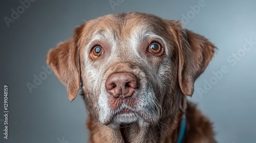 Mature Chocolate Labrador Retriever with Salt and Pepper Muzzle on Gray Background