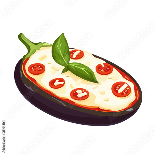 Minimalist flat illustration of Eggplant Parmesan, featuring a clean design isolated on a white background.

