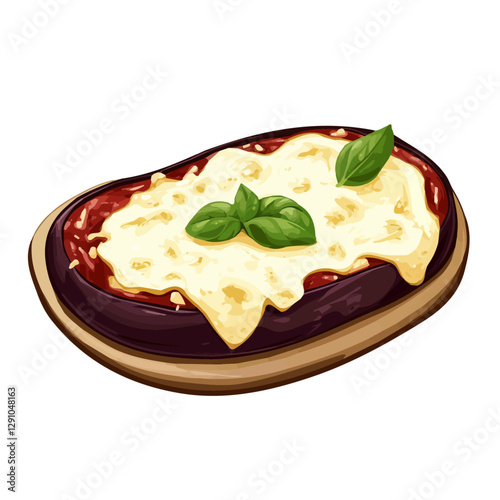 Minimalist flat illustration of Eggplant Parmesan, featuring a clean design isolated on a white background.

