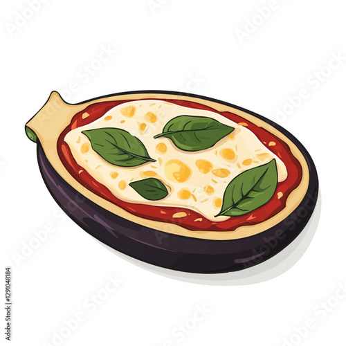 Minimalist flat illustration of Eggplant Parmesan, featuring a clean design isolated on a white background.

