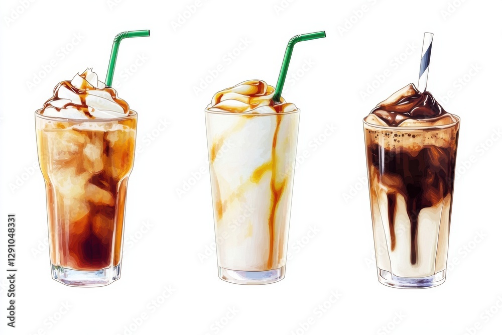 Delicious frappe drinks displayed on a clean white background for an inviting presentation