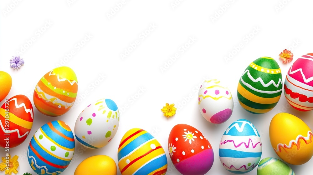 Vibrant Striped Easter Eggs Array on Pure White Background, Top View, Copy Space for Text, High-Quality Stock Picture Vibrant Striped Easter Eggs Array on Pure White Background, Top View, Copy Space for Text, High-Quality Stock Picture