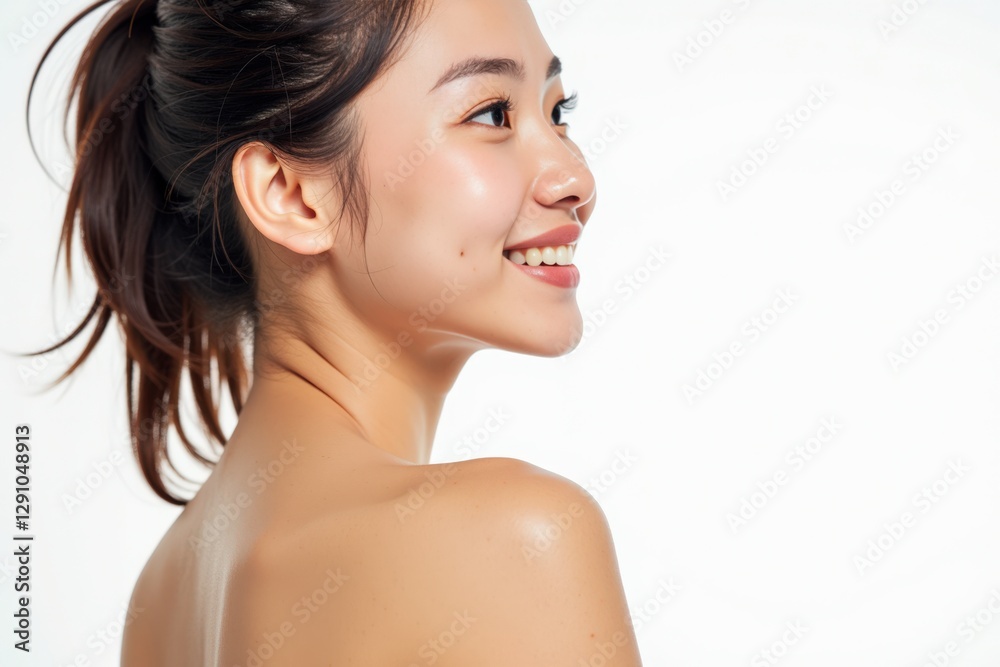 Smiling Asian Young Woman with Long Hair Looking Over Her Shoulder Against a Clean White Background, Showcasing Natural Beauty and Confidence Smiling Asian Young Woman with Long Hair Looking Over Her Shoulder Against a Clean White Background, Showcasing Natural Beauty and Confidence