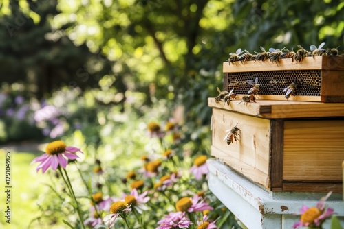 Bees on a wooden beehive in a garden with blooming flowers and lush greenery