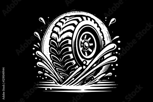 racing car tire dark art black and white illustration design