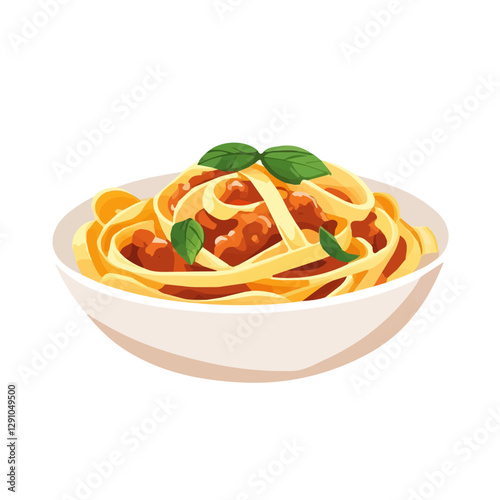 Fettuccine Bolognese, minimalist design, flat illustration, clean design, isolated, white background, pasta, vector, Italian cuisine, digital illustration, meat sauce.

