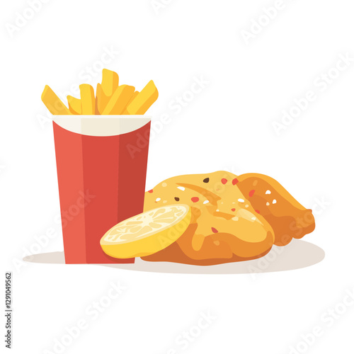 Minimalist flat illustration of Fish and Chips, featuring a clean design isolated on a white background.

