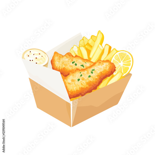 Minimalist flat illustration of Fish and Chips, featuring a clean design isolated on a white background.


