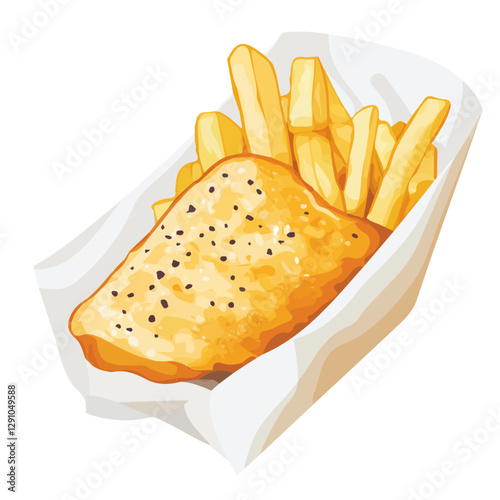 Minimalist flat illustration of Fish and Chips, featuring a clean design isolated on a white background.


