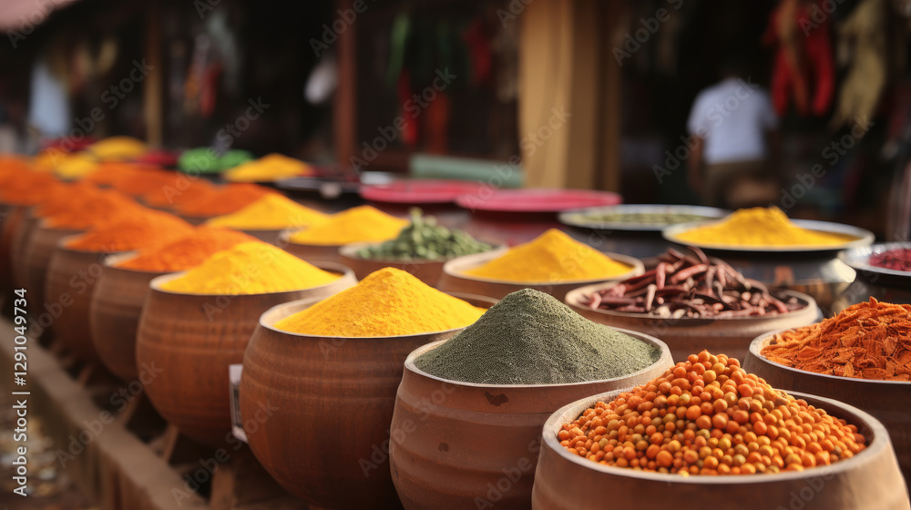 Fototapeta premium Vibrant spices in wooden bowls at Indian market create colorful display