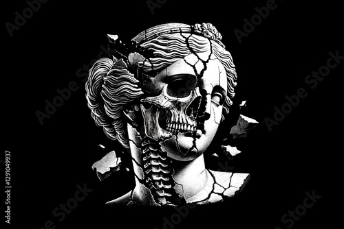 Classical Sculpture and Skeletal on a Fragmented Surface dark art black and white illustration design