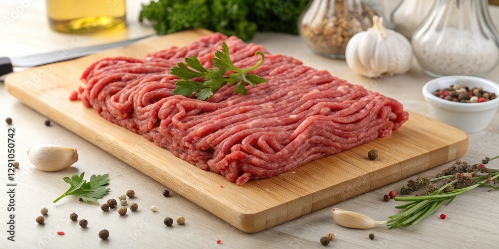 Freshly minced raw beef strips on a wooden chopping board, chef gear, food handling, beef strips Freshly minced raw beef strips on a wooden chopping board, chef gear, food handling, beef strips