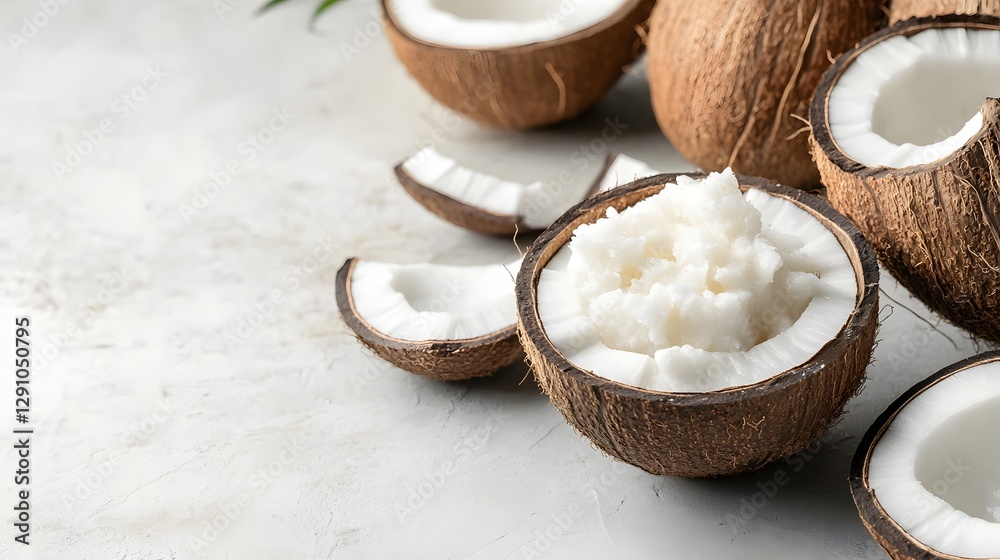 Fresh coconuts with green husk and coconut oil bottle on rustic wooden table in bright natural lighting Fresh coconuts with green husk and coconut oil bottle on rustic wooden table in bright natural lighting