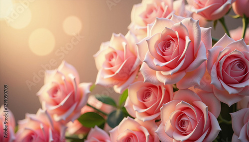 Pink roses in bloom against a soft bokeh background, March 8, International Women's Day, Mother's Day, Valentine's Day