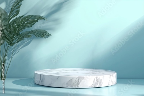Empty white marble podium on pastel blue color background. 3D rendering.
