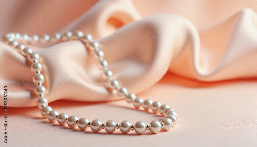 Elegant pearl necklace on soft peach fabric, March 8, International Women's Day, Mother's Day, Valentine's Day Elegant pearl necklace on soft peach fabric, March 8, International Women's Day, Mother's Day, Valentine's Day