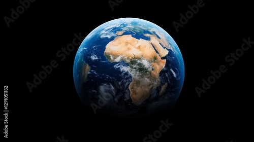 Realistic Earth planet on a black background, showing the African continent. 3D rendering. Wide-angle lens. Cinematic style.