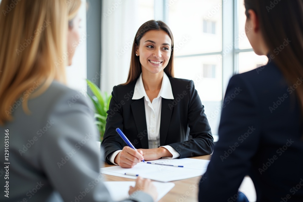 Business Meeting with a Smiling Young Adult Woman in a Suit Engaging in Discussion with Colleagues in a Modern Office Environment Business Meeting with a Smiling Young Adult Woman in a Suit Engaging in Discussion with Colleagues in a Modern Office Environment