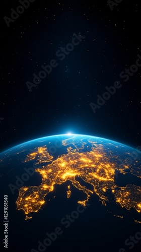 3D render of Earth with glowing city lights in Europe, dark blue background, perspective view from space, mobile phone wallpaper.