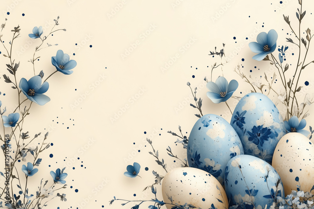 Happy easter template with blue, white rustic floral eggs, dotted background. Vector illustration. Design layout for invitation, card, menu, flyer, banner, poster, voucher.