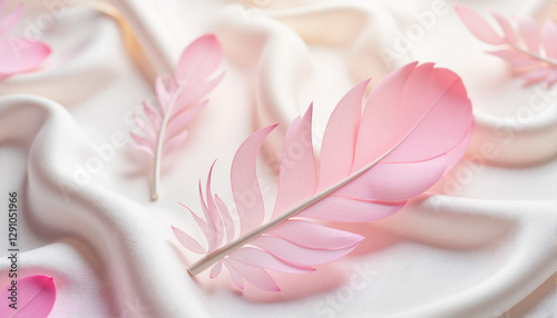 Pink feathers on soft white fabric, March 8, International Women's Day, Mother's Day, Valentine's Day