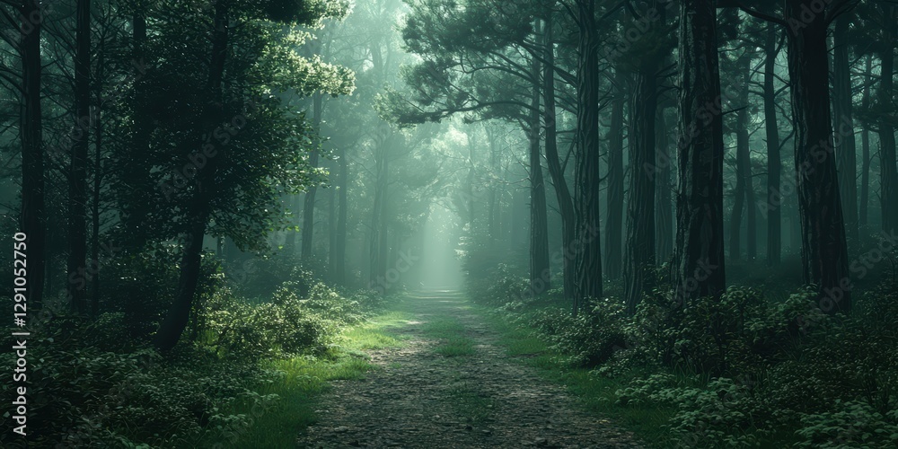 3d background minimalistic mockup with space for text, deep forest path surrounded by tall trees with misty light filtering through 3d background minimalistic mockup with space for text, deep forest path surrounded by tall trees with misty light filtering through