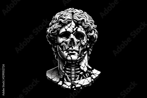 Classical Sculpture and Skeletal on a Fragmented Surface dark art black and white illustration design