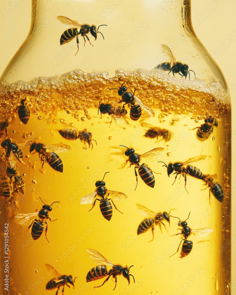 Fototapeta premium Swarm of Bees Captured in a Glass Bottle Filled with Golden Honey, Bubbles Rising, Close-Up View of Insects Surrounding Foamy Nectar