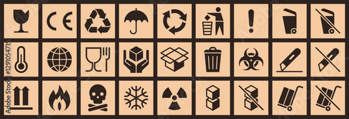 Cardboard packaging icon set. Package sign labels. Common packaging, warning symbol set.