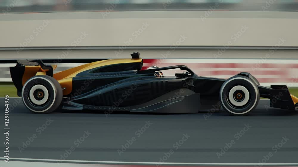 Dynamic parallel tracking shot of a generic formula one race car racing along the homestretch over the finish line. Dynamic side view. 3d animation rendering. New 2025 black and gold race car design