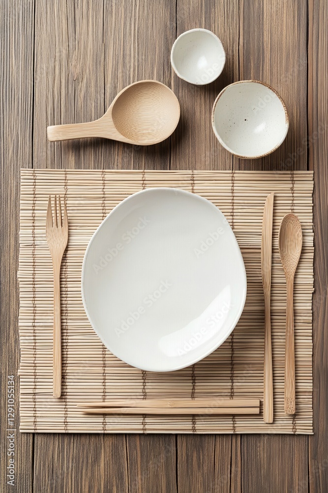 This cozy dining table setup showcases a simple arrangement with a round white plate and wooden utensils, inviting warmth and comfort for a meal This cozy dining table setup showcases a simple arrangement with a round white plate and wooden utensils, inviting warmth and comfort for a meal