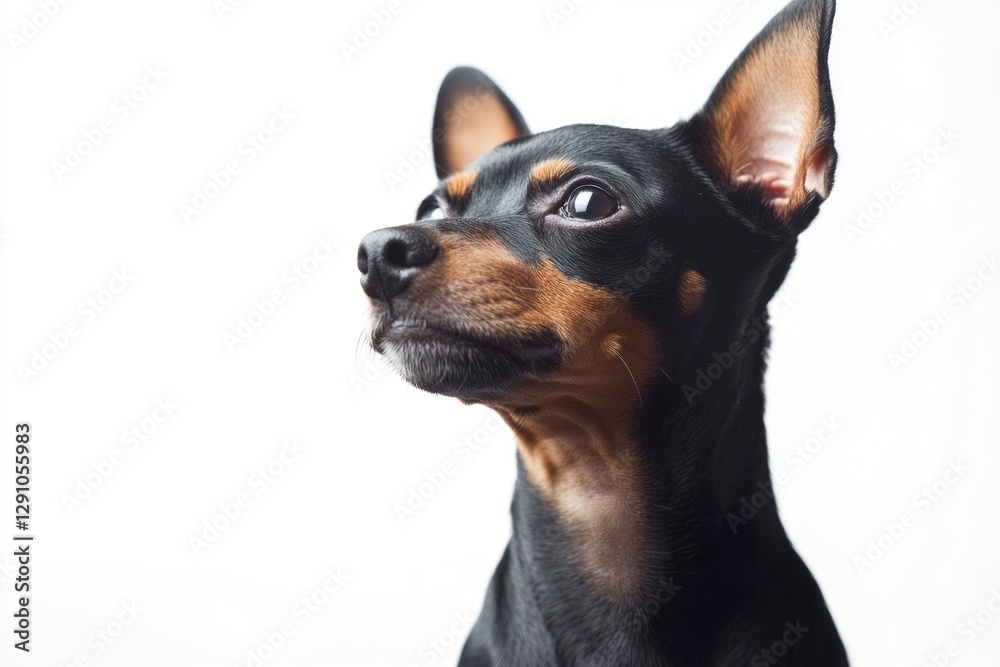 A curious dog looks up at something with interest A curious dog looks up at something with interest