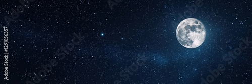 3d background minimalistic mockup with space for text, realistic night sky full of bright stars and a glowing full moon