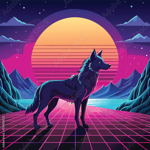 Silhouette of a wolf howling at the moon on a dark night with stars and a peaceful landscape