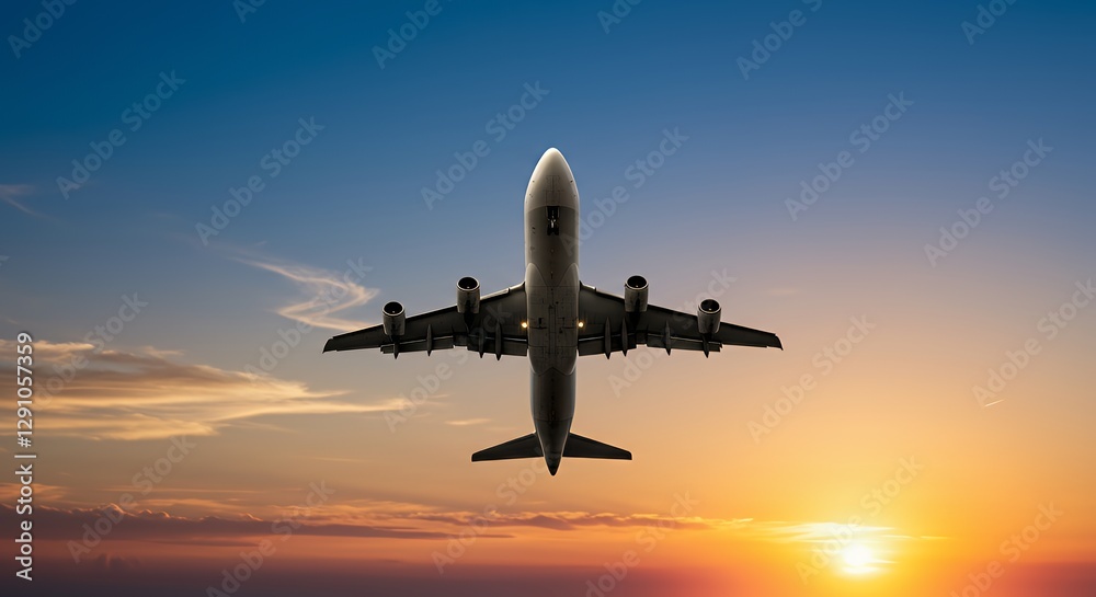 Airplane Flying Into Sunset Sky Travel and Transportation Concept Airplane Flying Into Sunset Sky Travel and Transportation Concept