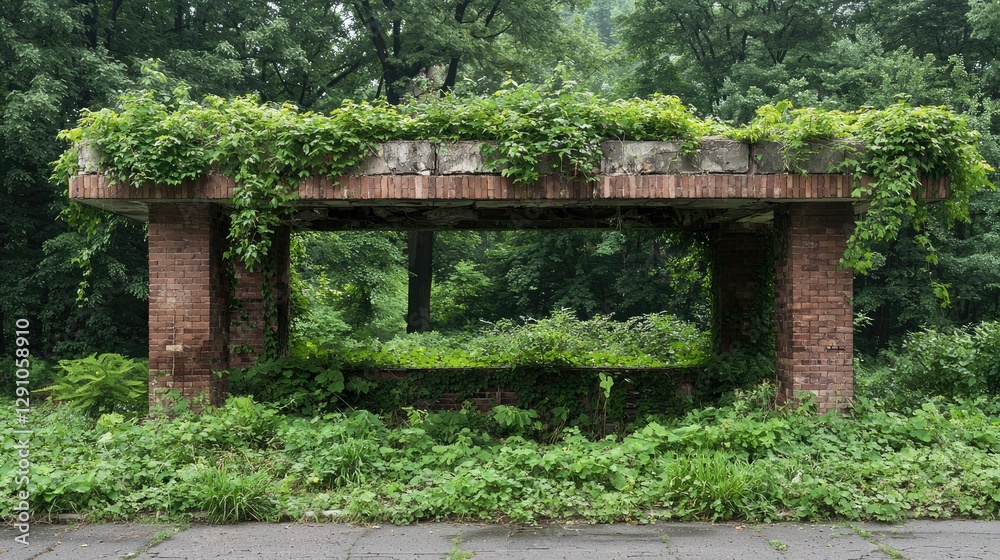 Overgrown brick park pavilion, lush forest background, nature scene Overgrown brick park pavilion, lush forest background, nature scene