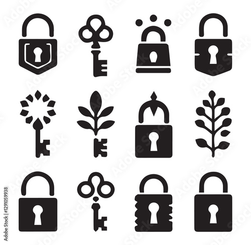Vintage Keys and Locks Different  Silhouette Vector on a White Background