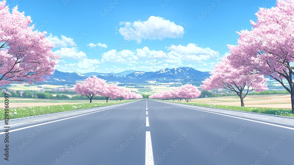 Fototapeta premium Scenic Spring Road with Pink Cherry Blossoms and Mountains
