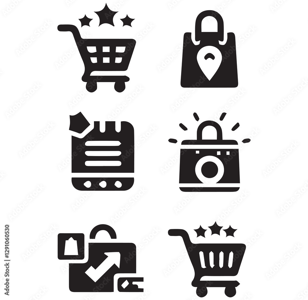 Shopping Cart and eCommerce Symbols Different Silhouette Vector on a White Background Shopping Cart and eCommerce Symbols Different Silhouette Vector on a White Background