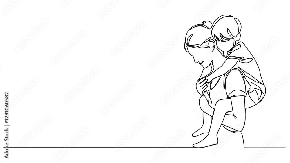 animated continuous single line drawing of happy mother carrying her young son on her back, line art animation animated continuous single line drawing of happy mother carrying her young son on her back, line art animation
